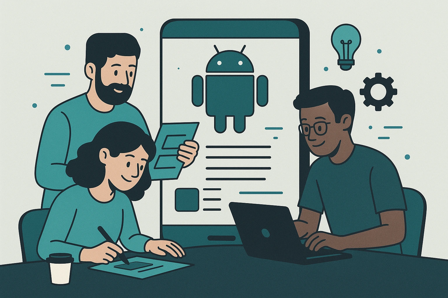 creative team working on android app design, modern workspace, digital technology, teamwork, innovation